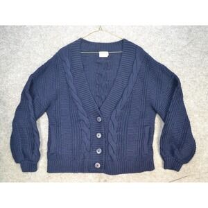 Nation LTD Cardigan Sweater Womens M Navy Cable Knit Alpaca Pockets Los Angeles